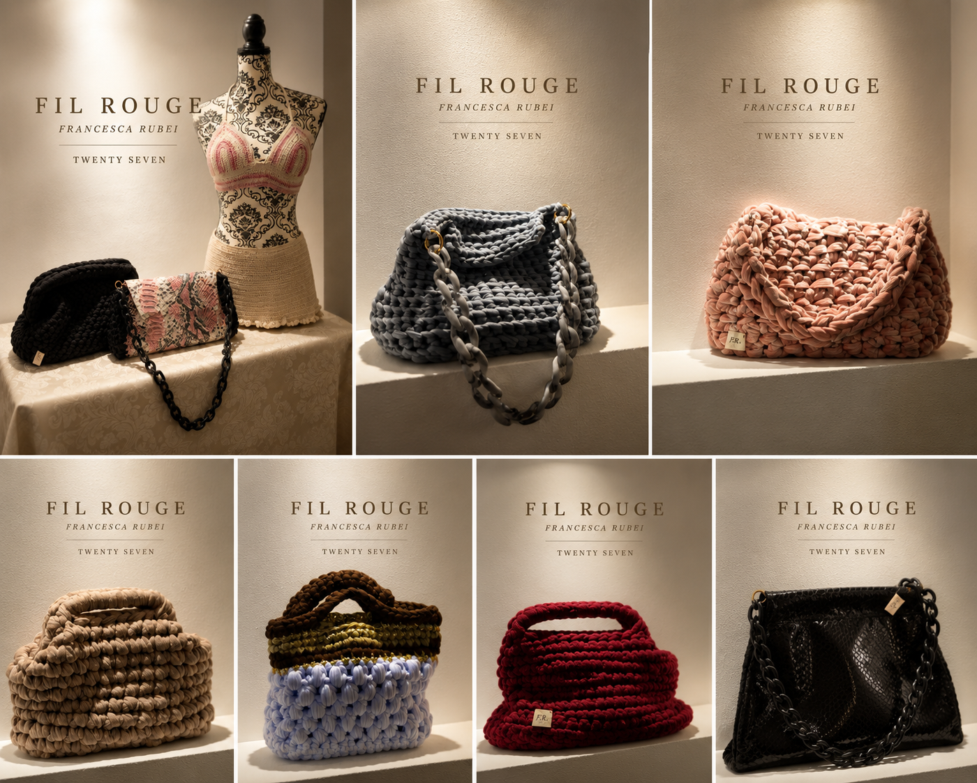 Fil Rouge presentation board with a lineup of hand-crocheted bags