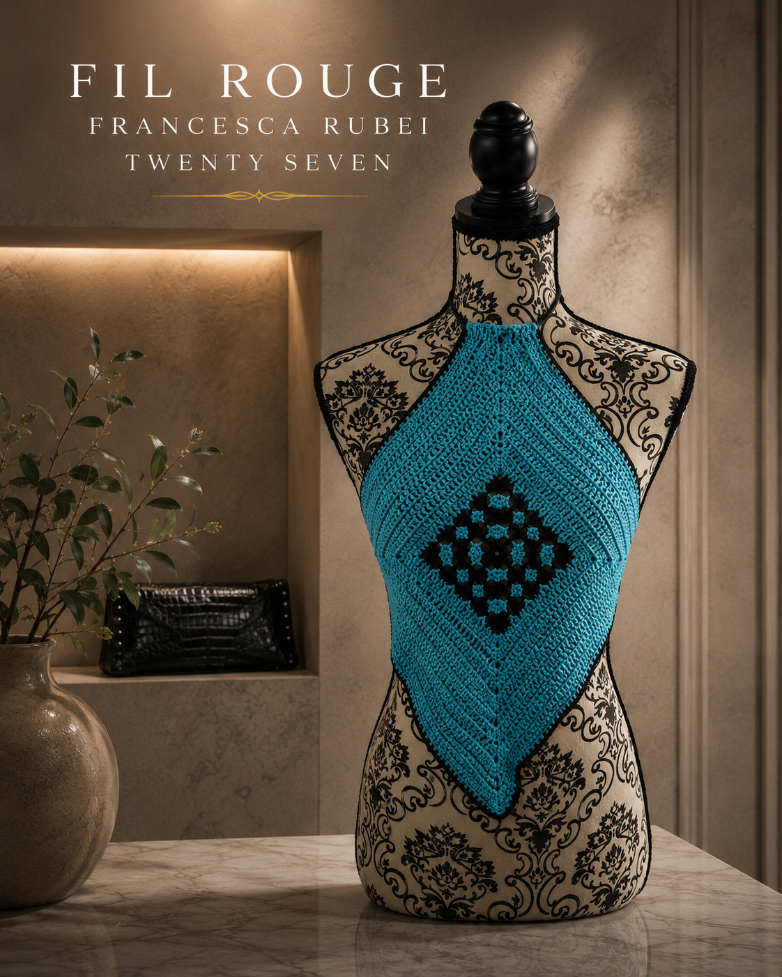 Teal crochet halter top on a damask mannequin