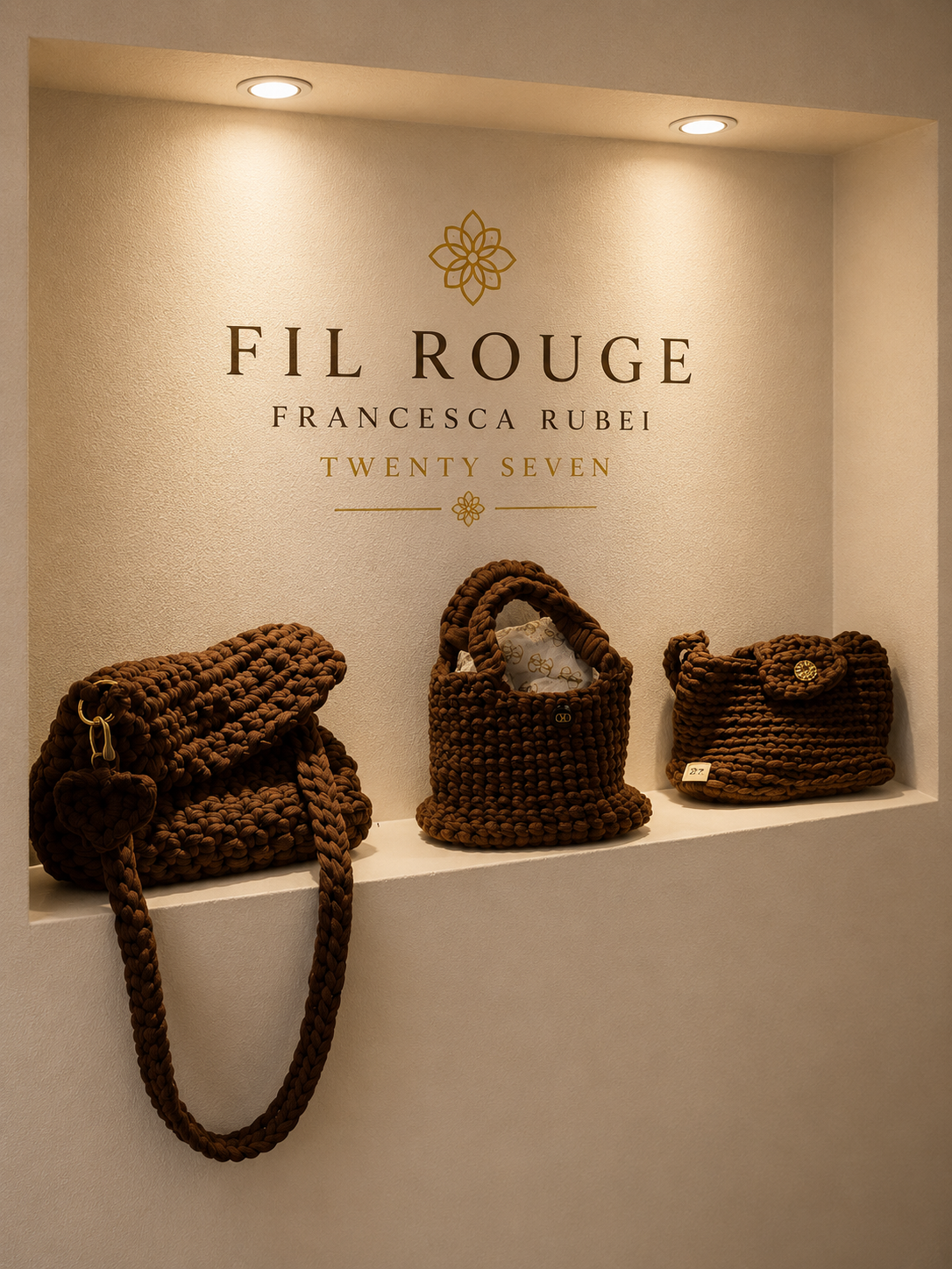 Three caramel woven crochet bags displayed on a shelf