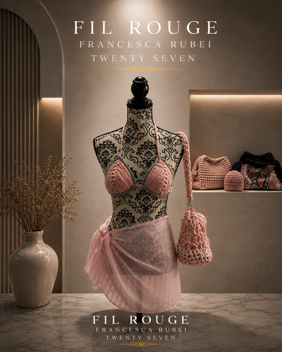 Blush crochet halter top and sarong on a mannequin with a matching bag