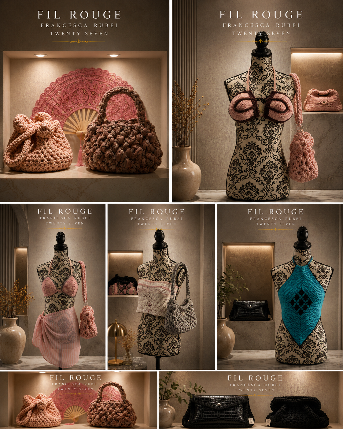 Fil Rouge atelier mood board with mannequins and bags