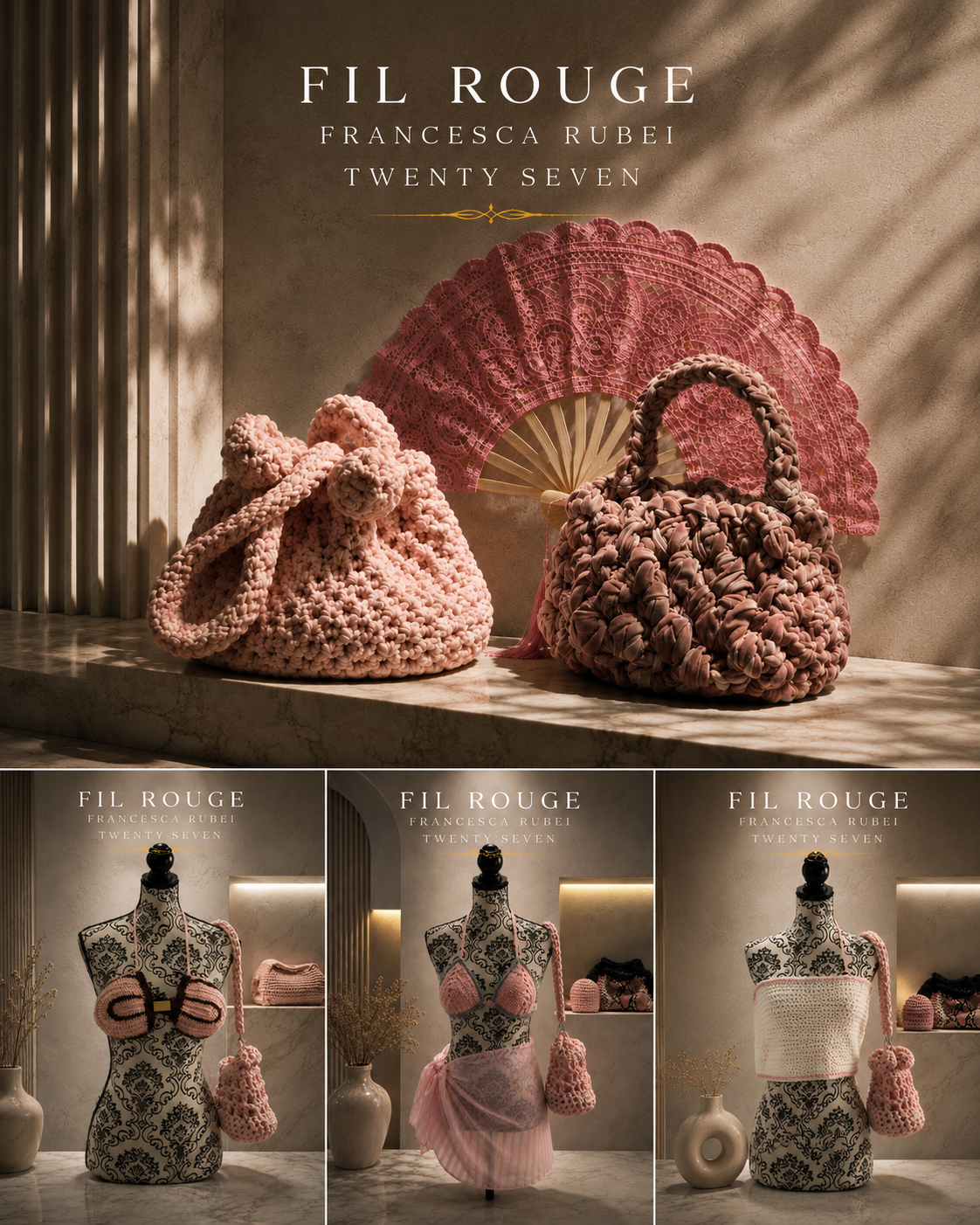 Blush and caramel knotted crochet bags styled with a fan